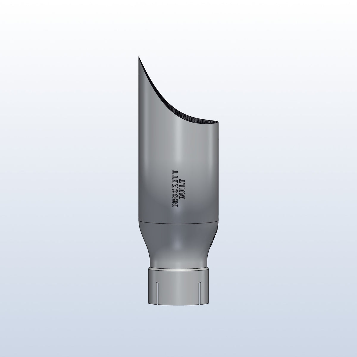 Teardrop twin exhaust tip, 2.5in inlet to dual 3.5in, long tip left, side view with Brockett Built lettering, 3D printed 316L stainless with honeycomb