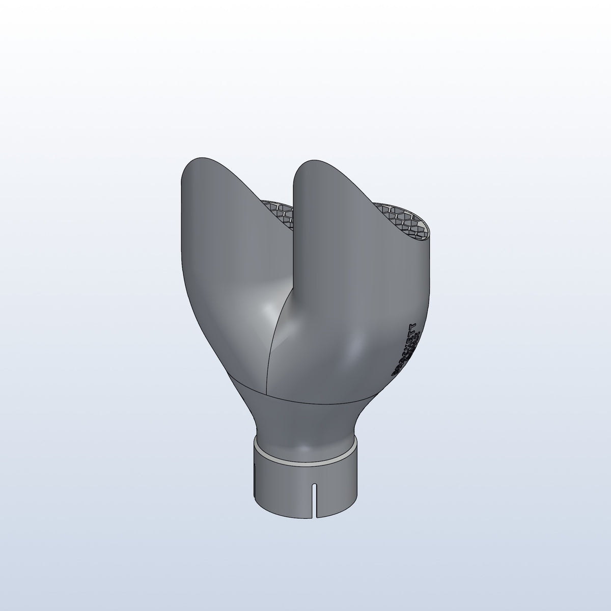 Teardrop twin exhaust tip, 2.5in inlet to dual 3.5in, long tip left, rear isometric view, 3D printed 316L stainless with honeycomb
