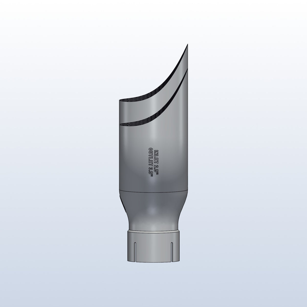 Teardrop twin exhaust tip, 2.5in inlet to dual 3.5in, long tip left, side view showing the teardrop lips, 3D printed 316L stainless with honeycomb