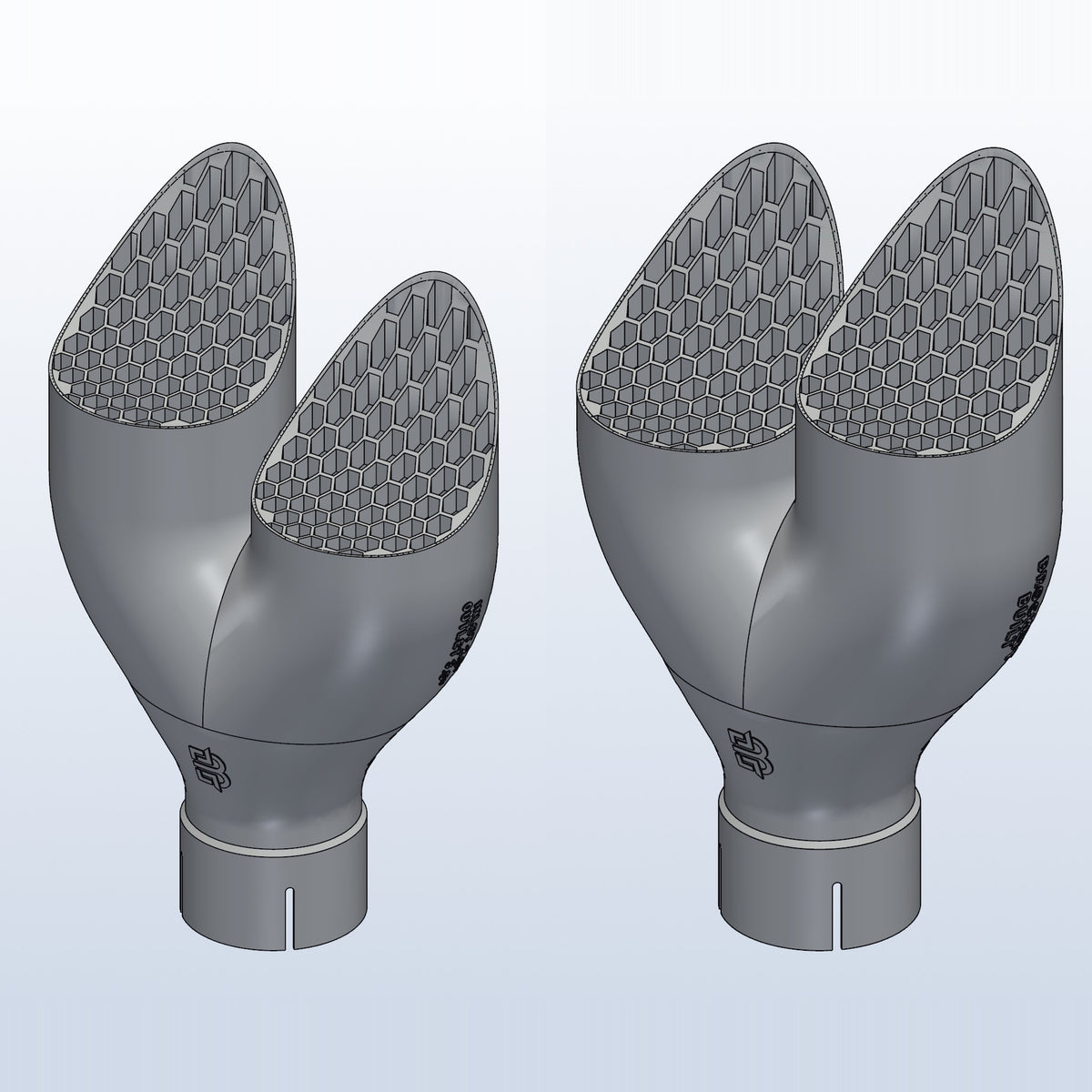 Pair of teardrop twin exhaust tips, left and right, 2.5in inlet to dual 3.5in, 3D printed 316L stainless with honeycomb