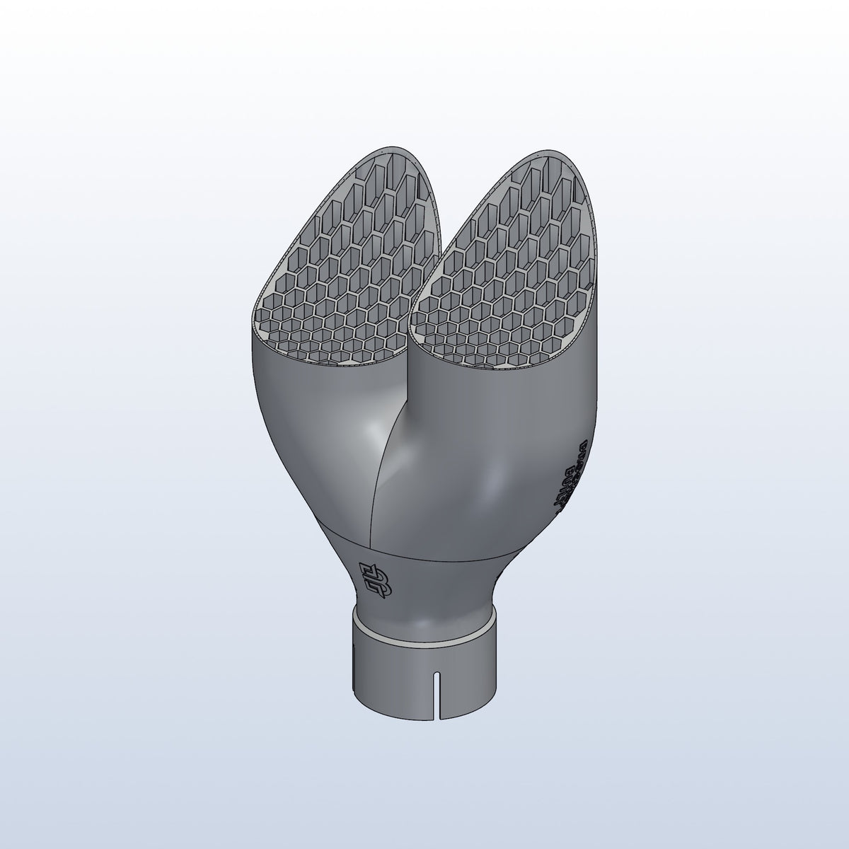 Teardrop twin exhaust tip, 2.5in inlet to dual 3.5in, long tip right, isometric view, 3D printed 316L stainless with honeycomb