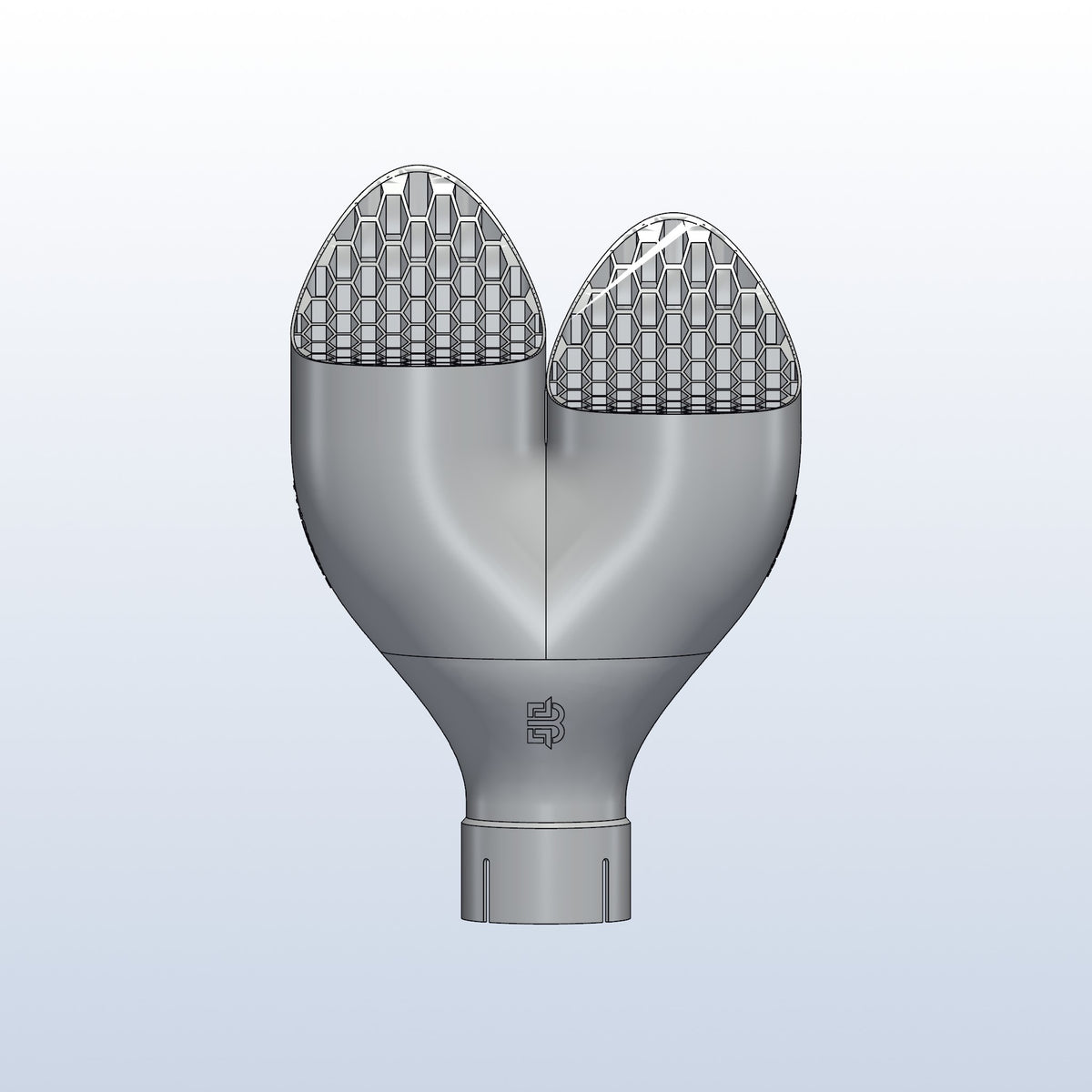 Teardrop twin exhaust tip, 2.5in inlet to dual 4in, long tip left, front view, 3D printed 316L stainless with honeycomb