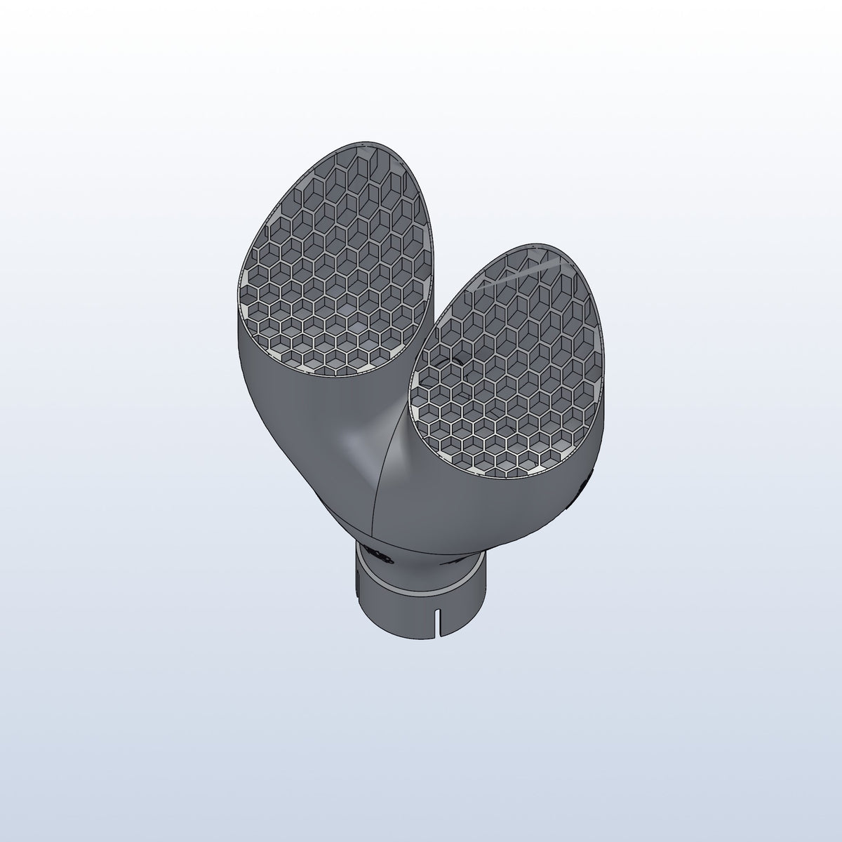 Teardrop twin exhaust tip, 2.5in inlet to dual 4in, long tip left, view of the honeycomb outlets, 3D printed 316L stainless with honeycomb