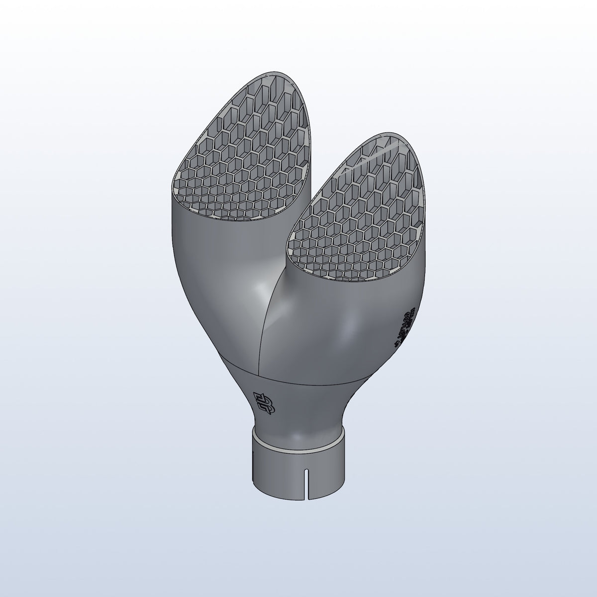 Teardrop twin exhaust tip, 2.5in inlet to dual 4in, long tip left, isometric view, 3D printed 316L stainless with honeycomb
