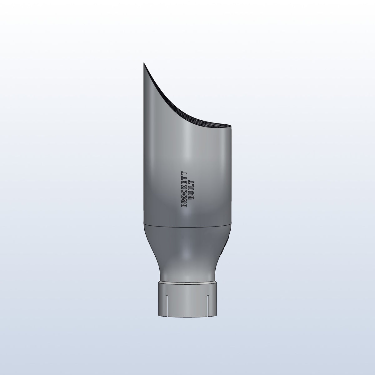 Teardrop twin exhaust tip, 2.5in inlet to dual 4in, long tip left, side view with Brockett Built lettering, 3D printed 316L stainless with honeycomb