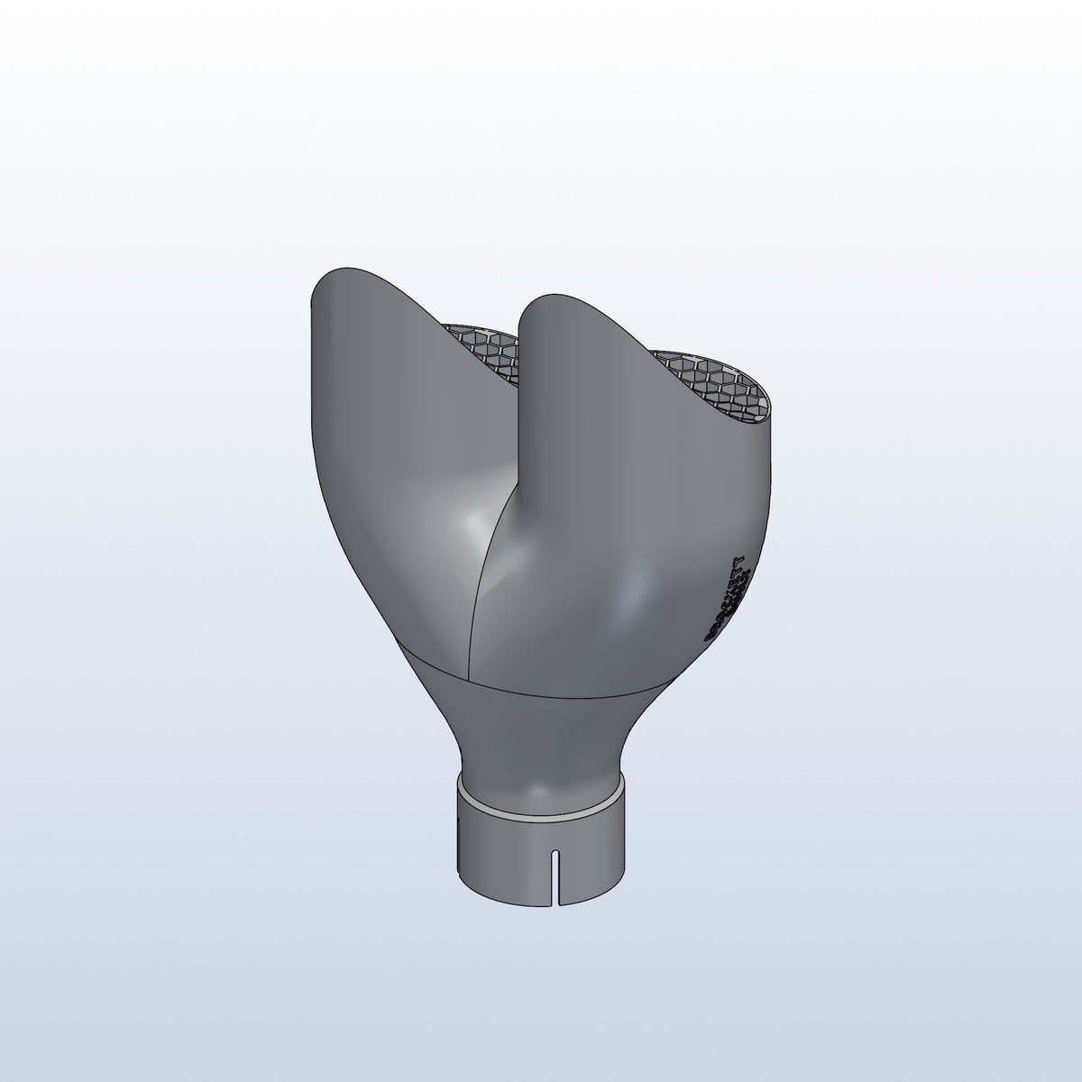 Teardrop twin exhaust tip, 2.5in inlet to dual 4in, long tip left, rear isometric view, 3D printed 316L stainless with honeycomb