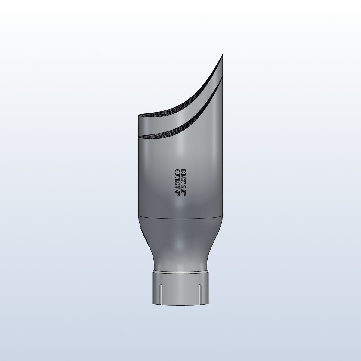 Teardrop twin exhaust tip, 2.5in inlet to dual 4in, long tip left, side view showing the teardrop lips, 3D printed 316L stainless with honeycomb