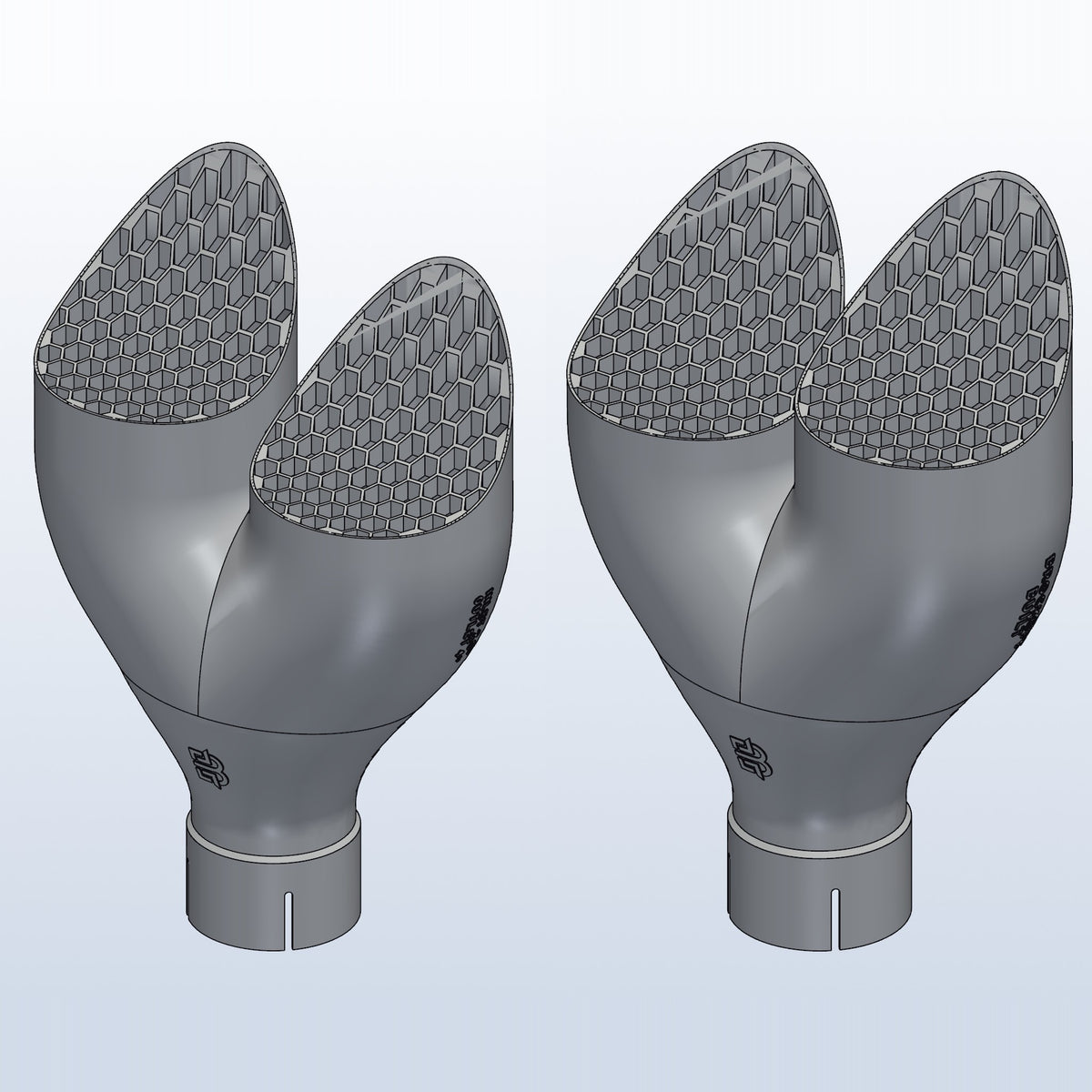 Pair of teardrop twin exhaust tips, left and right, 2.5in inlet to dual 4in, 3D printed 316L stainless with honeycomb