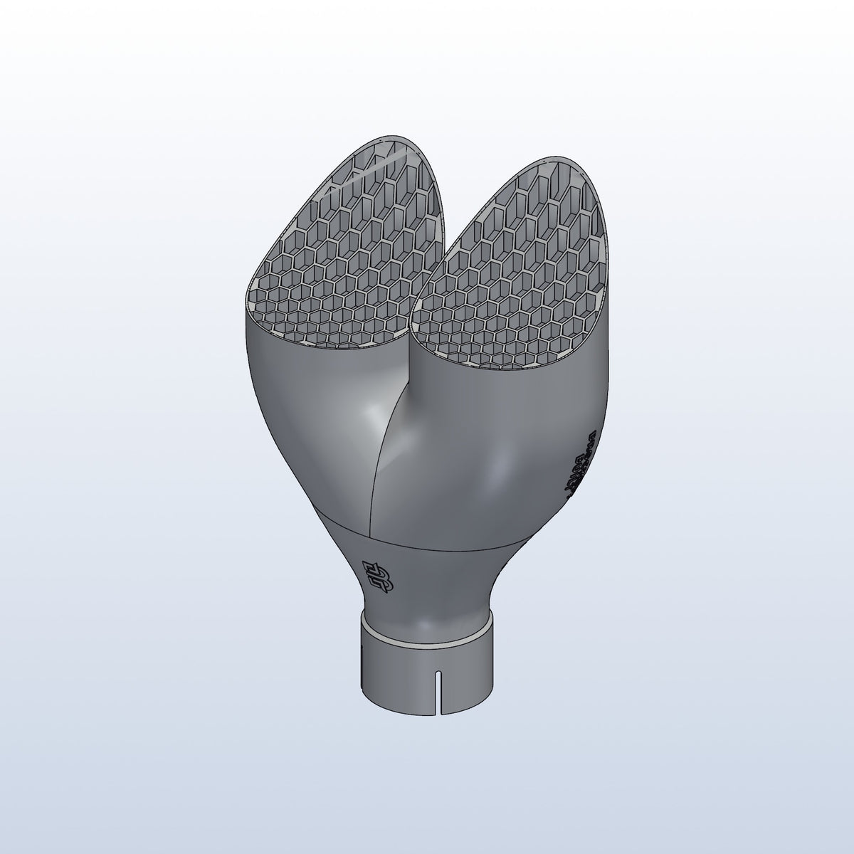 Teardrop twin exhaust tip, 2.5in inlet to dual 4in, long tip right, isometric view, 3D printed 316L stainless with honeycomb