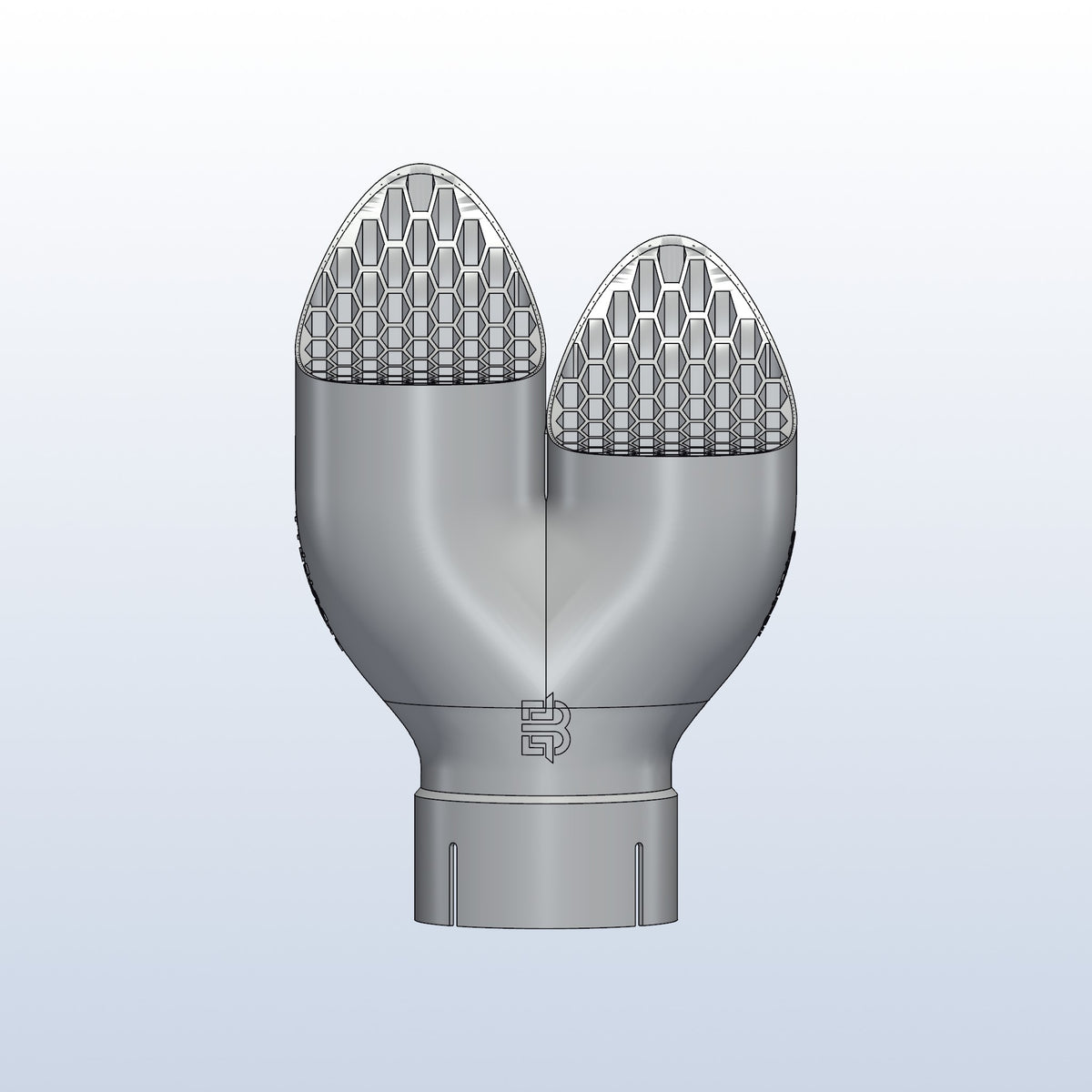 Teardrop twin exhaust tip, 3in inlet to dual 3in, long tip left, front view, 3D printed 316L stainless with honeycomb
