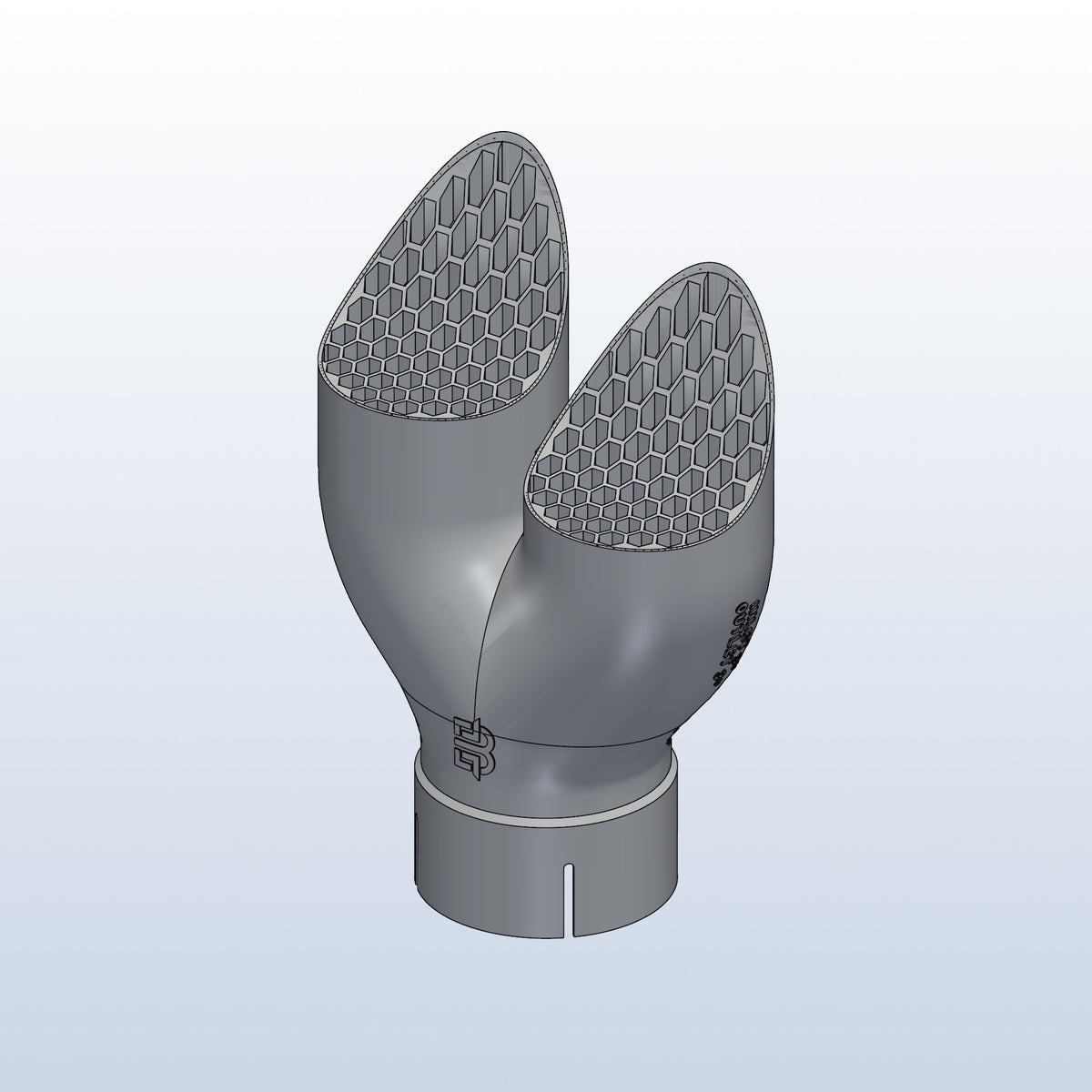 Teardrop twin exhaust tip, 3in inlet to dual 3in, long tip left, isometric view, 3D printed 316L stainless with honeycomb