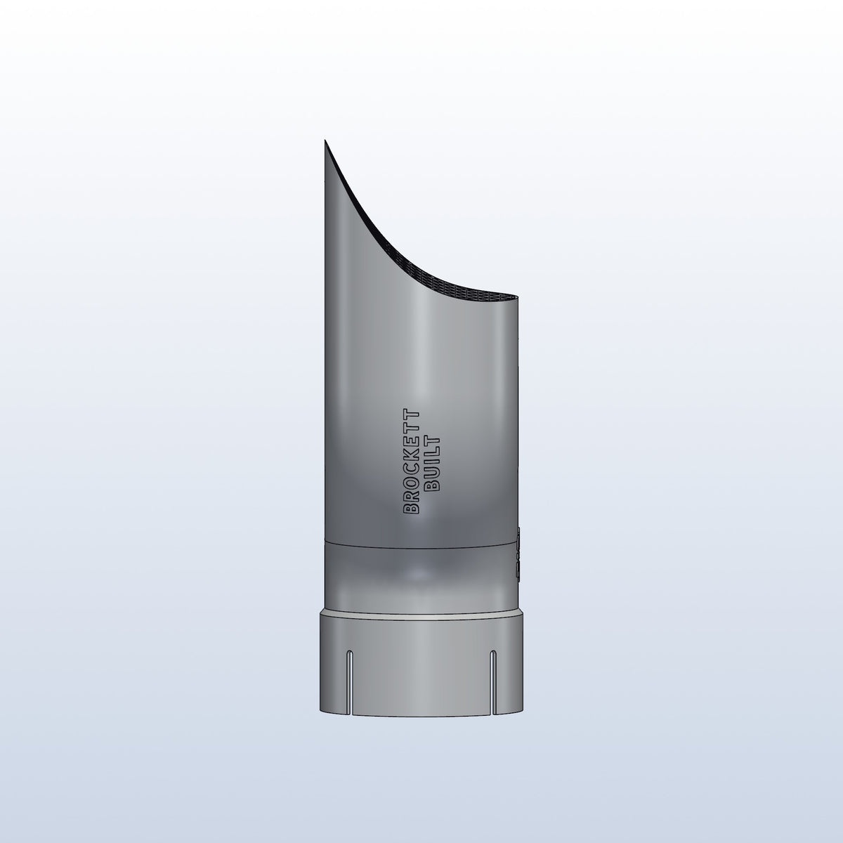 Teardrop twin exhaust tip, 3in inlet to dual 3in, long tip left, side view with Brockett Built lettering, 3D printed 316L stainless with honeycomb