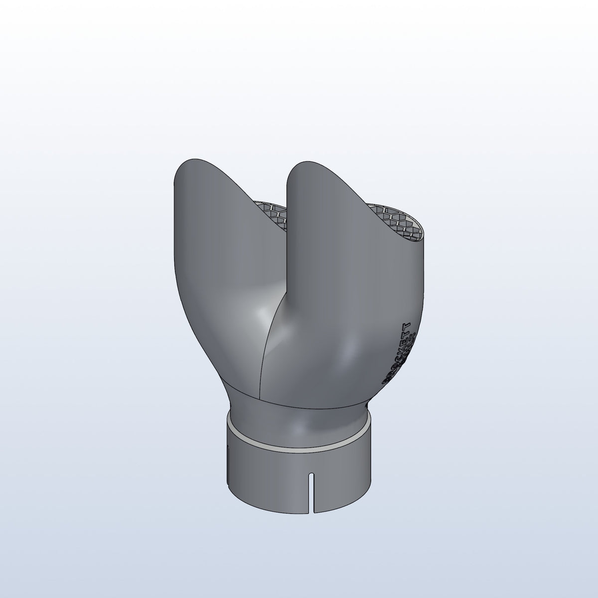 Teardrop twin exhaust tip, 3in inlet to dual 3in, long tip left, rear isometric view, 3D printed 316L stainless with honeycomb
