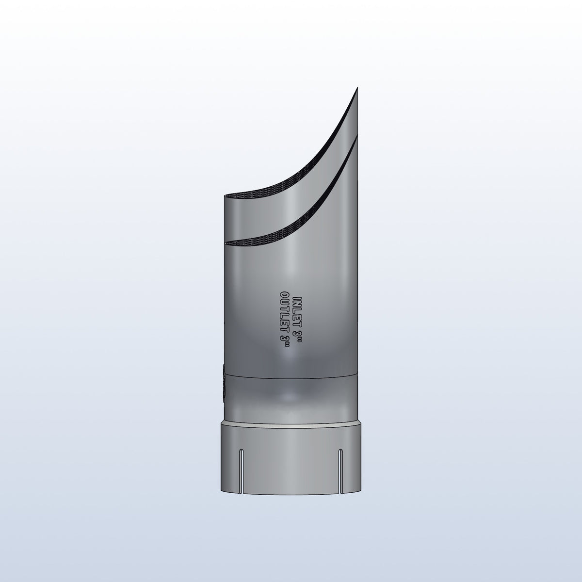 Teardrop twin exhaust tip, 3in inlet to dual 3in, long tip left, side view showing the teardrop lips, 3D printed 316L stainless with honeycomb