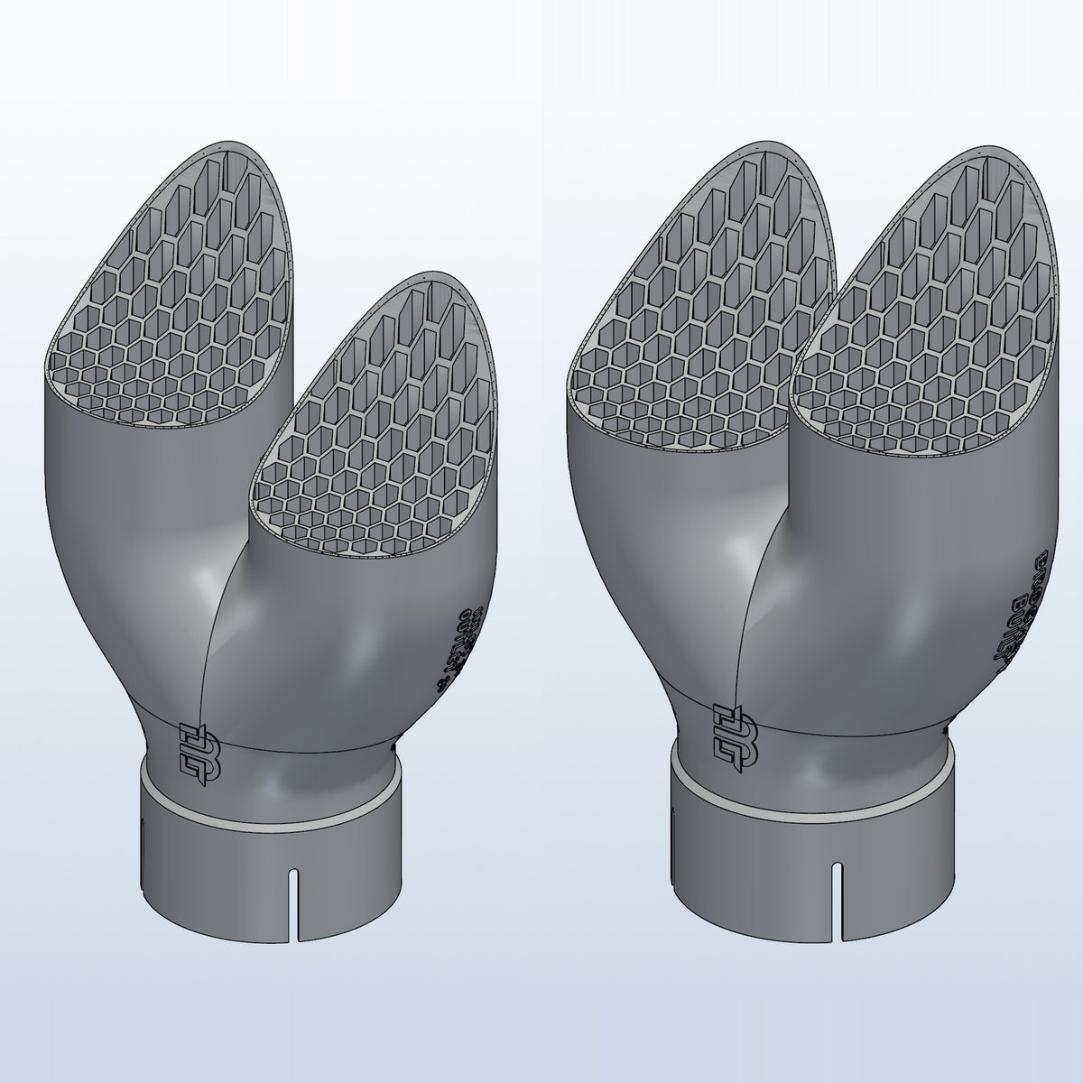 Pair of teardrop twin exhaust tips, left and right, 3in inlet to dual 3in, 3D printed 316L stainless with honeycomb