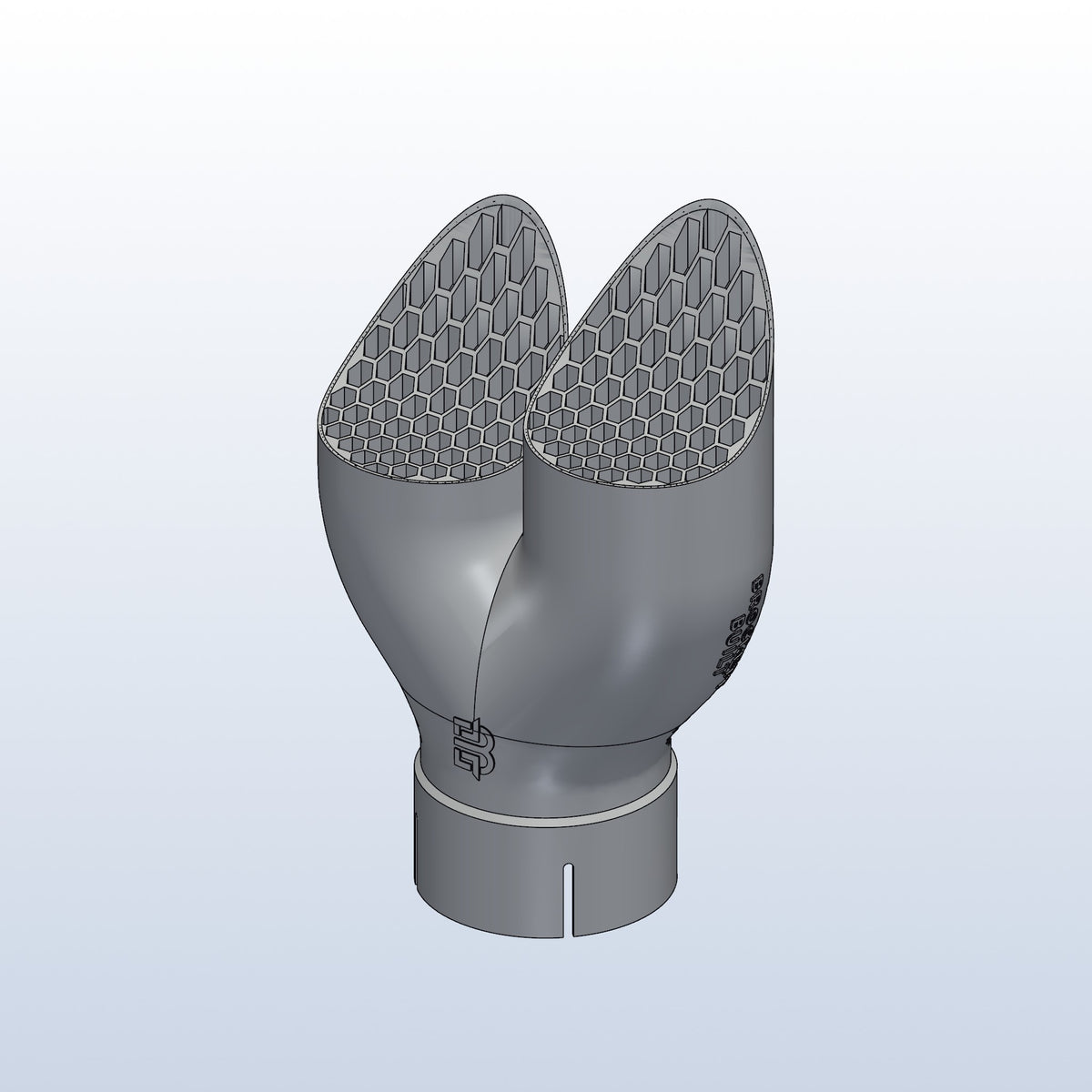 Teardrop twin exhaust tip, 3in inlet to dual 3in, long tip right, isometric view, 3D printed 316L stainless with honeycomb