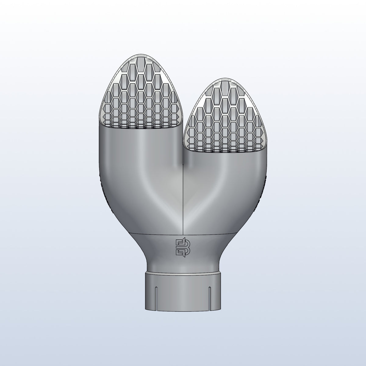 Teardrop twin exhaust tip, 3in inlet to dual 3.5in, long tip left, front view, 3D printed 316L stainless with honeycomb