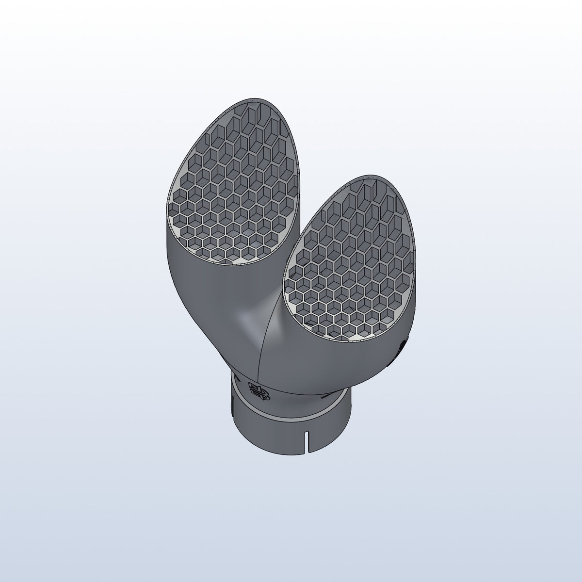 Teardrop twin exhaust tip, 3in inlet to dual 3.5in, long tip left, view of the honeycomb outlets, 3D printed 316L stainless with honeycomb