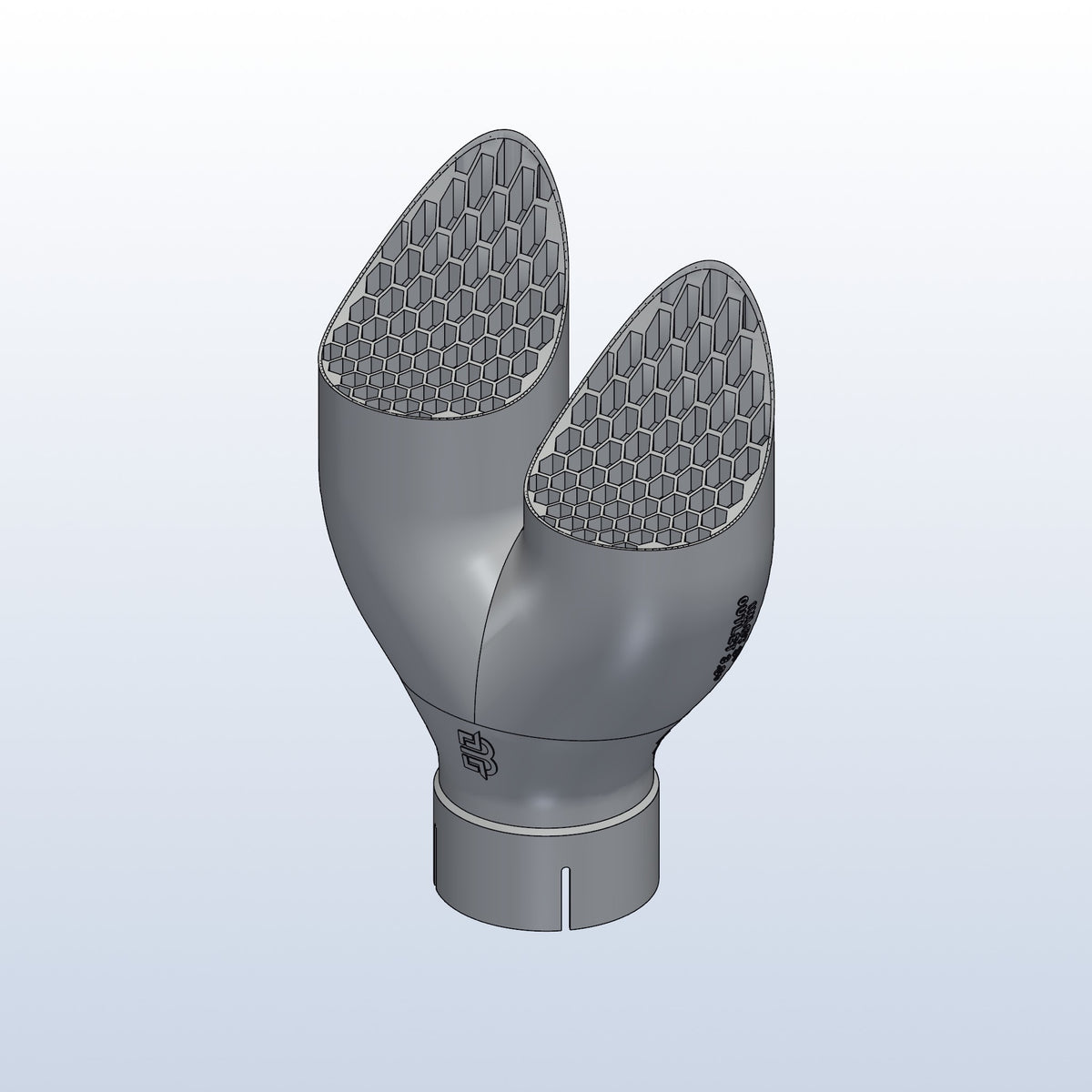 Teardrop twin exhaust tip, 3in inlet to dual 3.5in, long tip left, isometric view, 3D printed 316L stainless with honeycomb