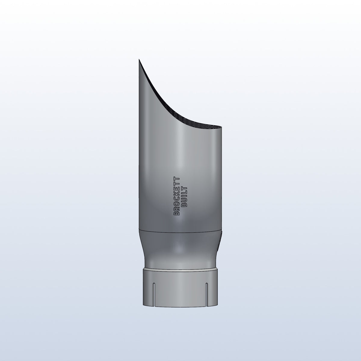 Teardrop twin exhaust tip, 3in inlet to dual 3.5in, long tip left, side view with Brockett Built lettering, 3D printed 316L stainless with honeycomb