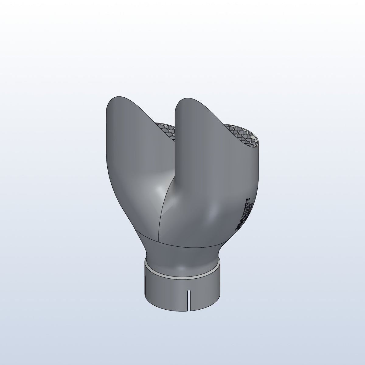 Teardrop twin exhaust tip, 3in inlet to dual 3.5in, long tip left, rear isometric view, 3D printed 316L stainless with honeycomb