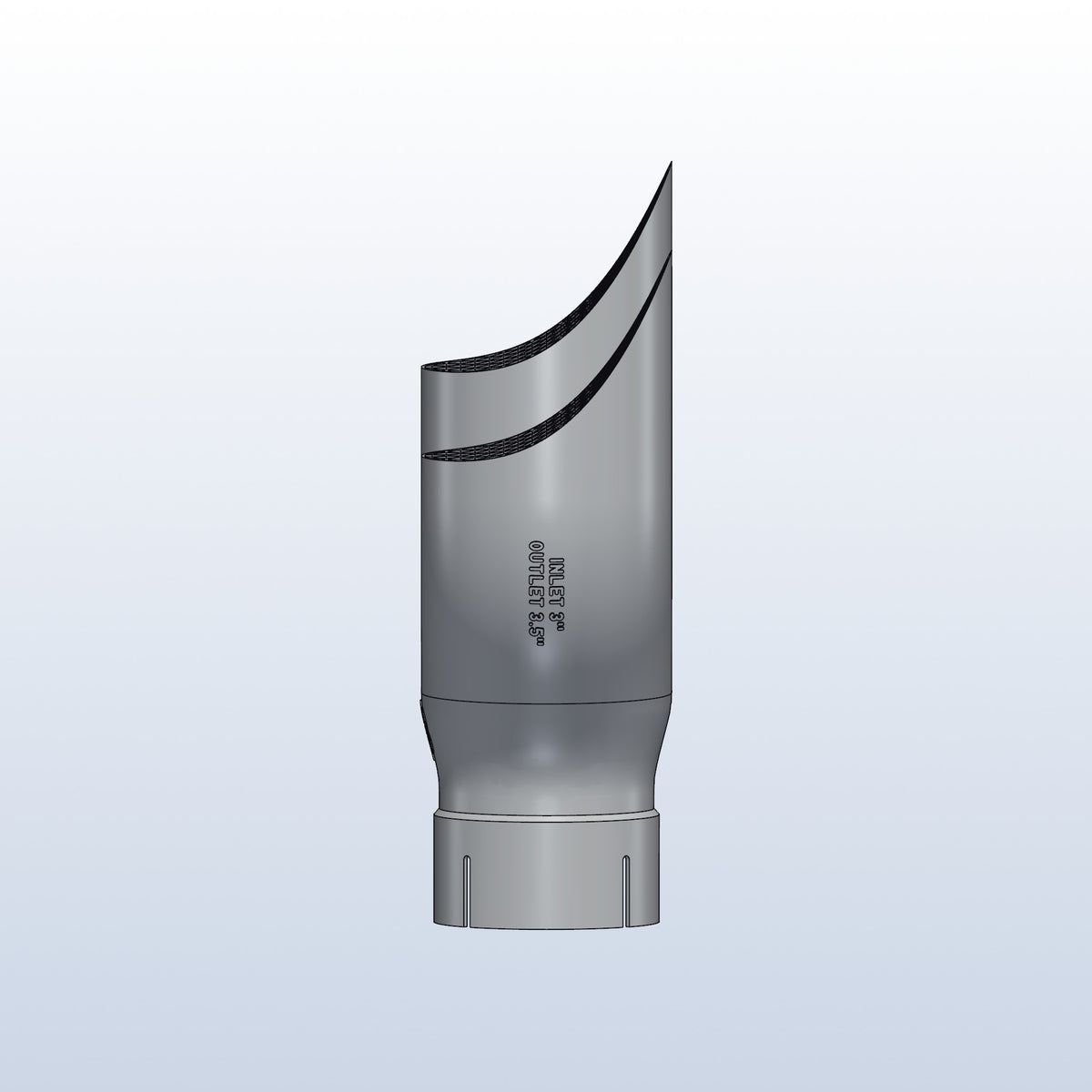 Teardrop twin exhaust tip, 3in inlet to dual 3.5in, long tip left, side view showing the teardrop lips, 3D printed 316L stainless with honeycomb