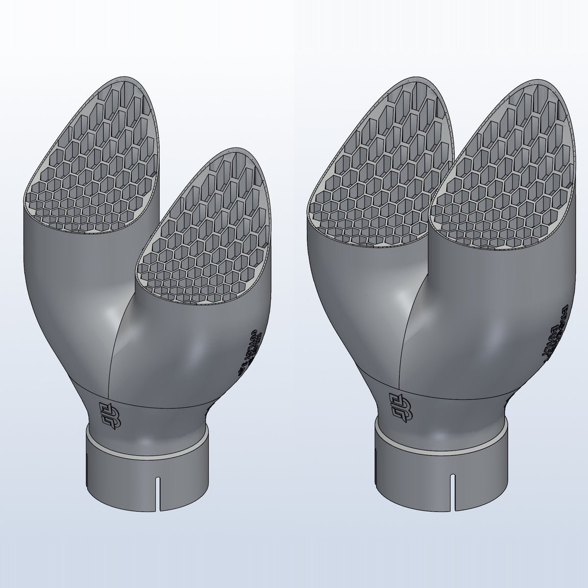 Pair of teardrop twin exhaust tips, left and right, 3in inlet to dual 3.5in, 3D printed 316L stainless with honeycomb