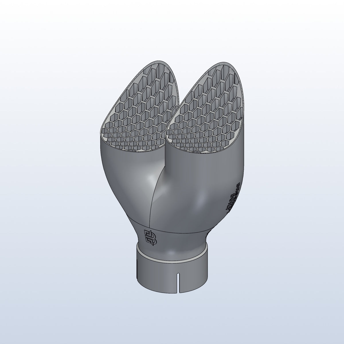 Teardrop twin exhaust tip, 3in inlet to dual 3.5in, long tip right, isometric view, 3D printed 316L stainless with honeycomb