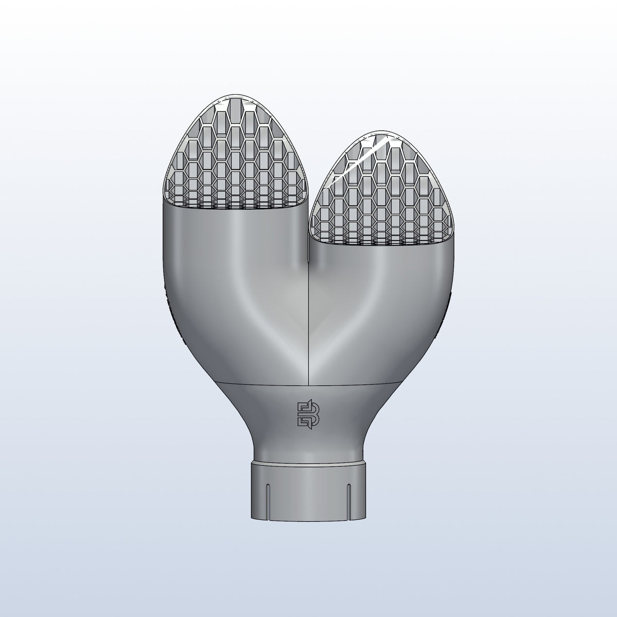 Teardrop twin exhaust tip, 3in inlet to dual 4in, long tip left, front view, 3D printed 316L stainless with honeycomb