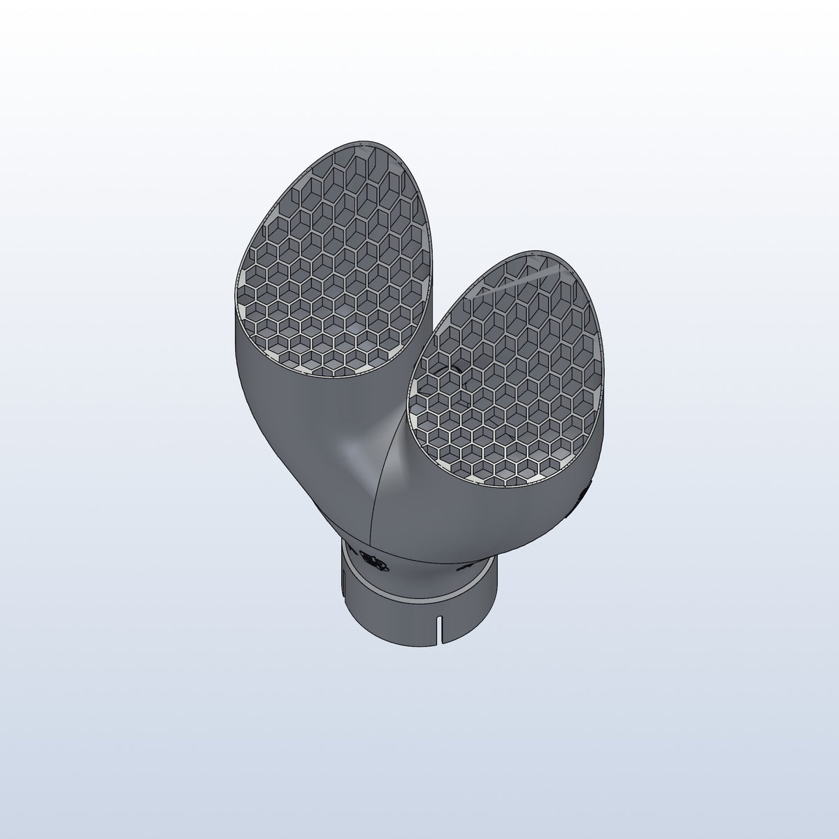 Teardrop twin exhaust tip, 3in inlet to dual 4in, long tip left, view of the honeycomb outlets, 3D printed 316L stainless with honeycomb