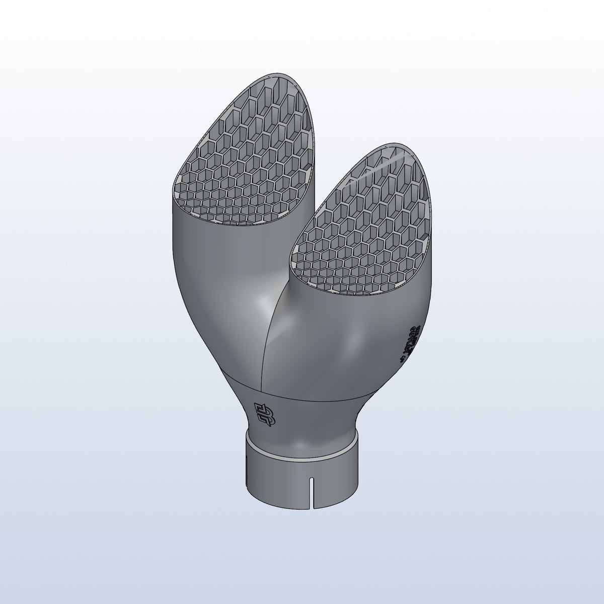 Teardrop twin exhaust tip, 3in inlet to dual 4in, long tip left, isometric view, 3D printed 316L stainless with honeycomb