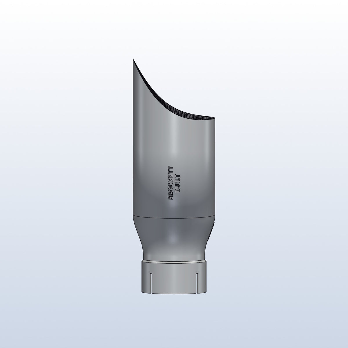 Teardrop twin exhaust tip, 3in inlet to dual 4in, long tip left, side view with Brockett Built lettering, 3D printed 316L stainless with honeycomb
