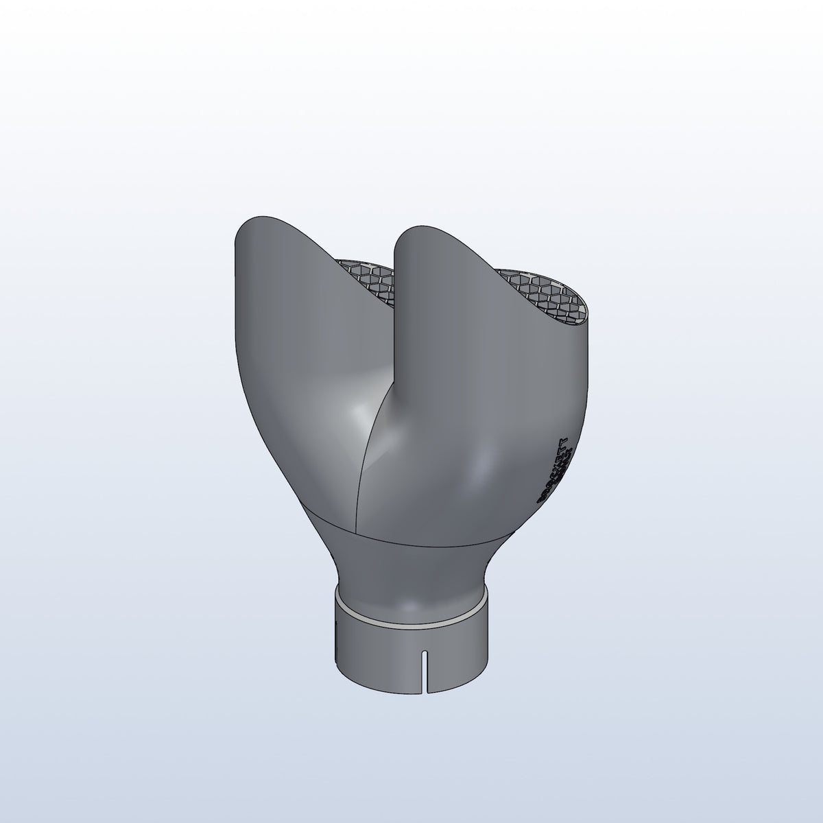 Teardrop twin exhaust tip, 3in inlet to dual 4in, long tip left, rear isometric view, 3D printed 316L stainless with honeycomb