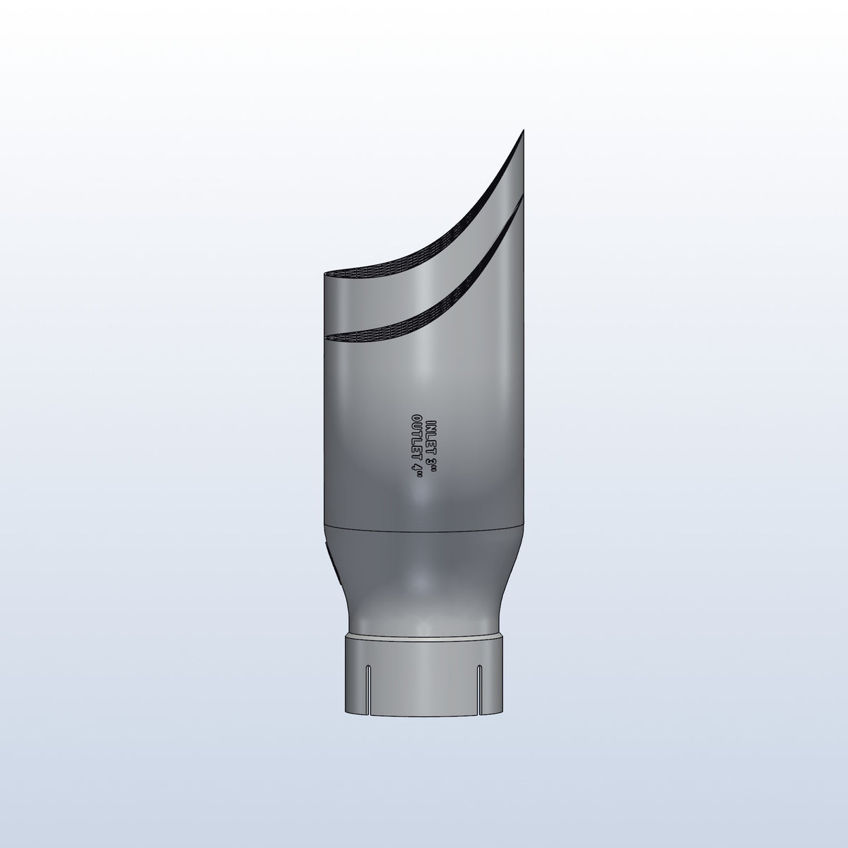 Teardrop twin exhaust tip, 3in inlet to dual 4in, long tip left, side view showing the teardrop lips, 3D printed 316L stainless with honeycomb