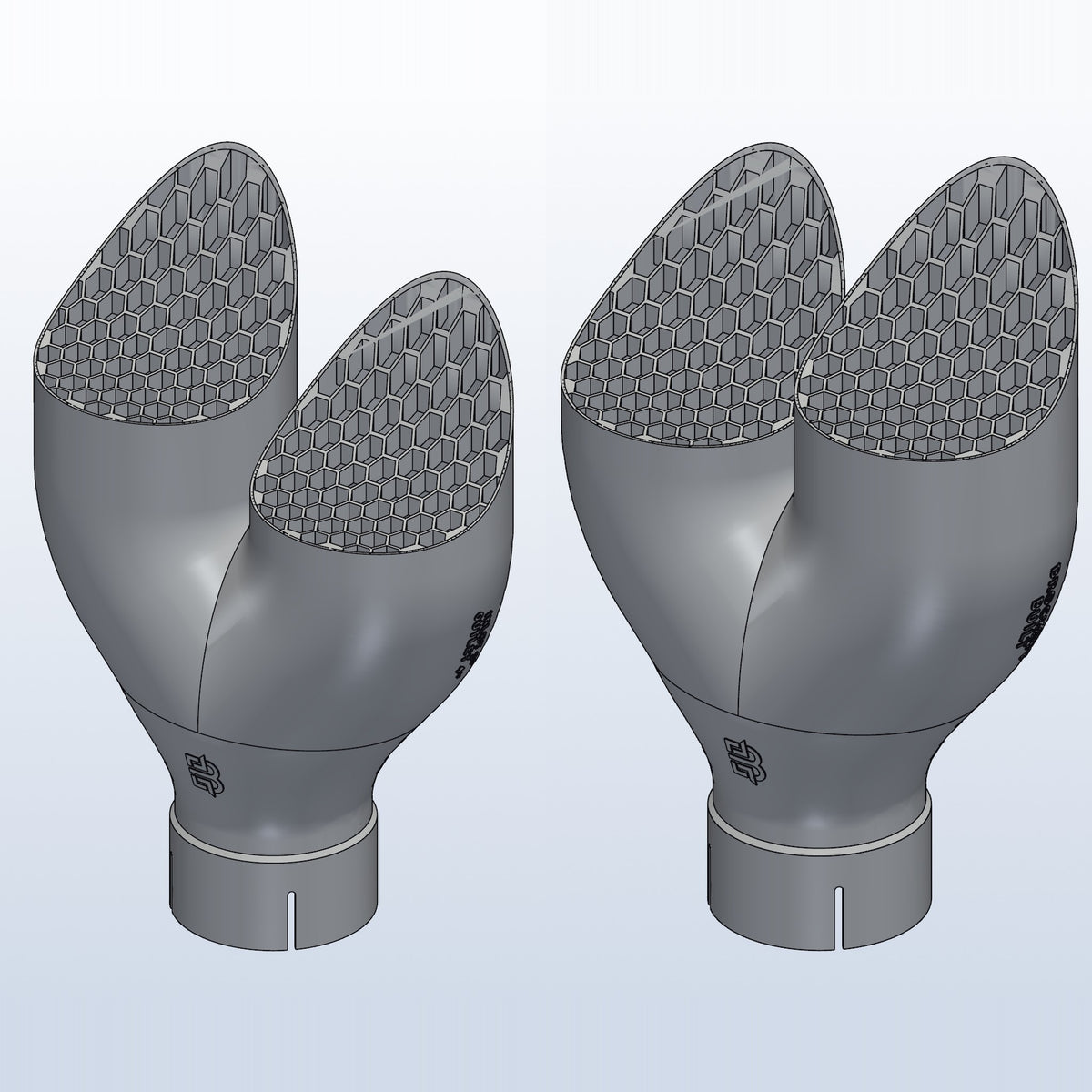 Pair of teardrop twin exhaust tips, left and right, 3in inlet to dual 4in, 3D printed 316L stainless with honeycomb