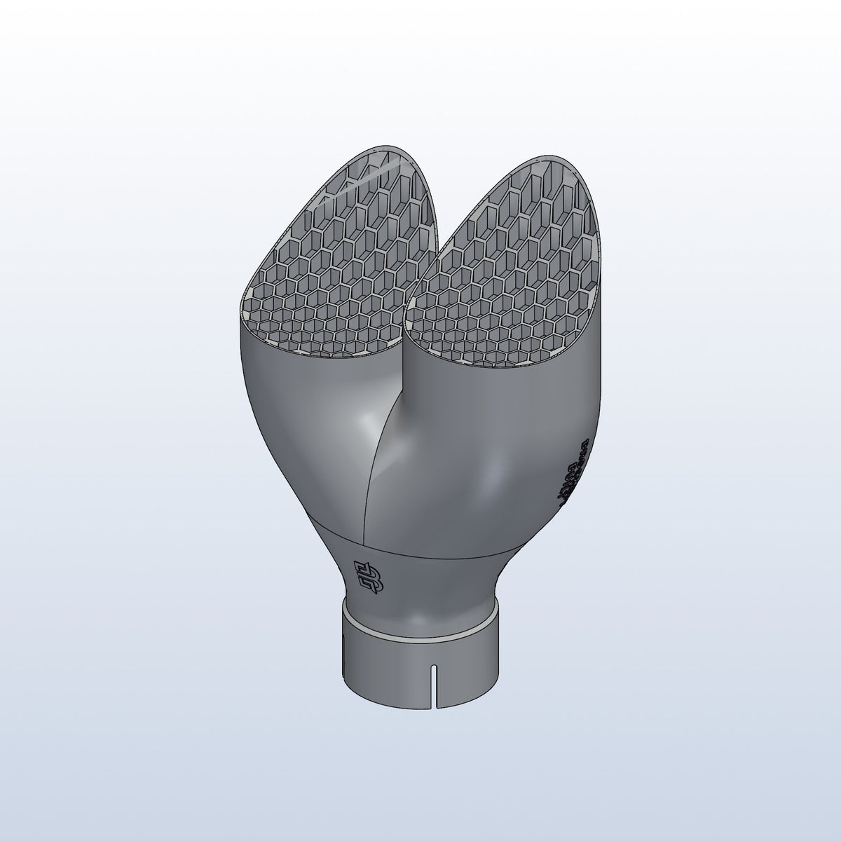 Teardrop twin exhaust tip, 3in inlet to dual 4in, long tip right, isometric view, 3D printed 316L stainless with honeycomb