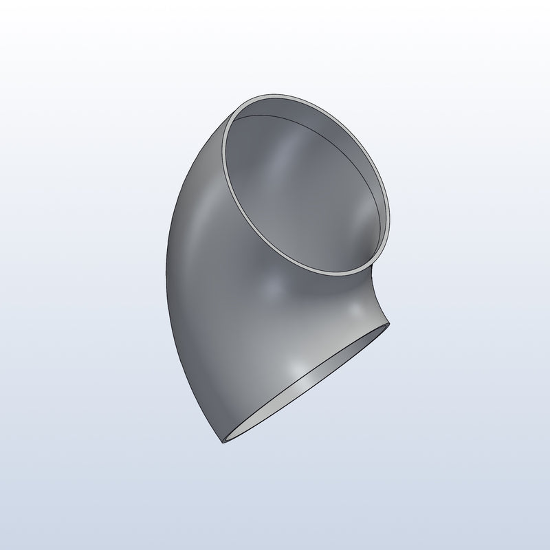 0.75D tight radius elbow, 3in OD, 90 degree, isometric view, metal 3D printed
