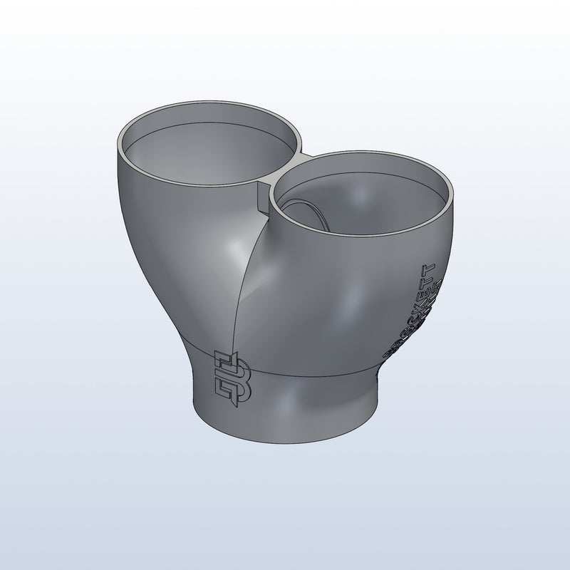 SP-250-250 twin tip exhaust splitter, 2.5in inlet to dual 2.5in outlets, isometric view (CAD render)