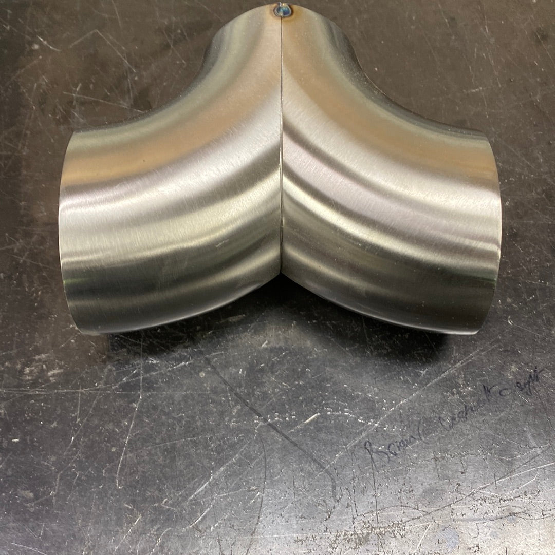 Brockett Built 3-inch 1D radius Y-merge in polished 304 stainless steel